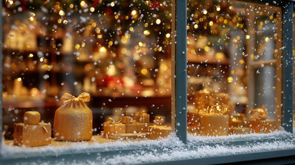 Festive holiday window display with snow and twinkling lights, showcasing wrapped gift boxes and cozy indoor scene