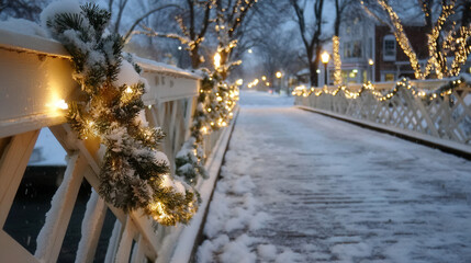 Snowy bridge decorated with holiday lights and garland illuminated trees winter scene festive atmosphere evening snow covered