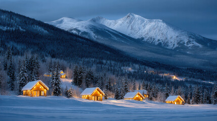 Peaceful winter scene featuring snow covered cabins with warm lights nestled among pine trees mountain landscape cloudy sky