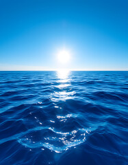 Serene blue ocean vista with golden sun glimmers, expansive open waters under a cloudless sky, gentle rippling waves and tranquil seas bathed in radiant sunlight., origami. with white shades