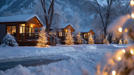 Snowy mountain landscape with holiday lights cabins and trees, winter scene with illuminated houses and snow covered