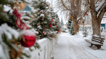 Snow covered Christmas trees decorated with red ornaments along festive outdoor pathway with benches and twinkling lights
