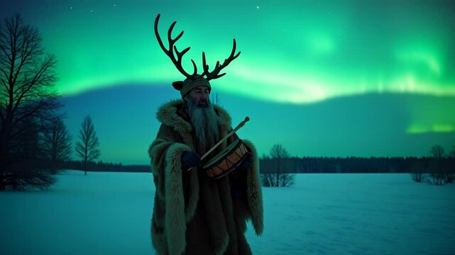 Evenk shaman performs totem ritual under the northern lights in Siberia, creating a powerful connection with nature