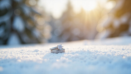 Engagement rings on snowy ground at winter sunrise proposal Wedding rings in snow with winter sunlight and forest background