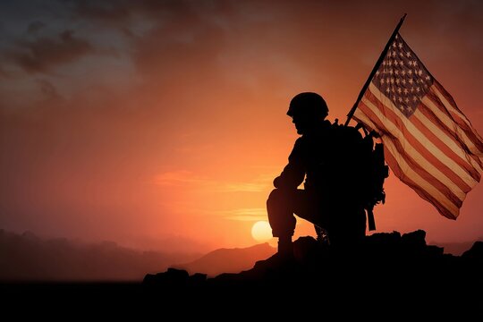 Soldier kneels with American flag at sunset in a serene landscape