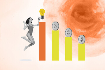 Pop zine 3d image collage of happy businesswoman businessman jump chart coin income light bulb idea...
