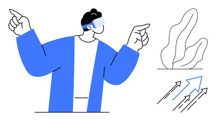 Person using virtual reality headset, gesturing dynamically. Includes abstract plant and growth arrows. Ideal for technology, VR, innovation, future, gaming, design simple landing page