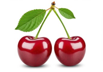 Two red cherries with stems and leaves against a white background