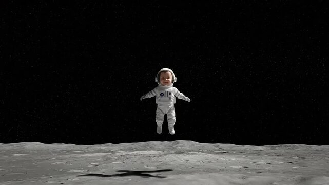 Astronaut child floating on the moon's surface with a starry background, showcasing space exploration
