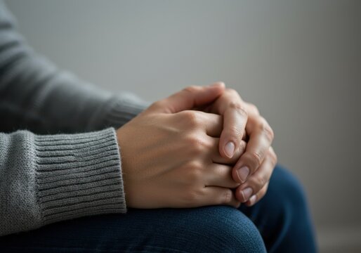 Woman's hands clasped on her lap, wearing a gray sweater and blue jeans