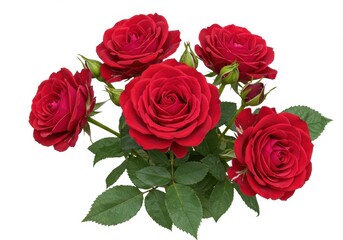 Bouquet of vibrant red roses with green leaves isolated on white background
