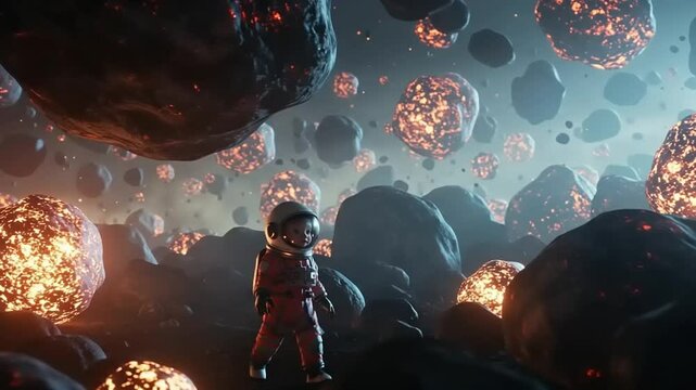 Astronaut exploring a cosmic landscape filled with glowing asteroids and vibrant space phenomena