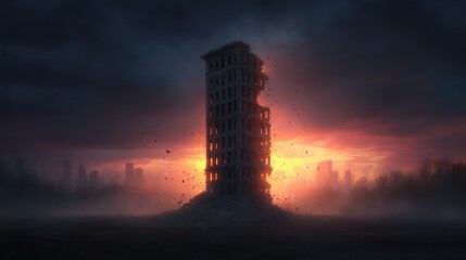 Crumbling City Ruins with Twisted Metal Structures and a Dramatic Sunset Over a Dystopian Landscape