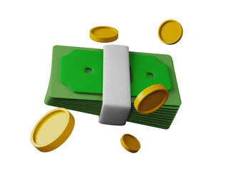 3d rendering of transparent minimal bundle cash currency coin. Three-dimensional illustration concept of cashless money saving.