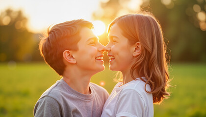 Joyful kids smiling face to face in sunset light outdoors Smiling children reconnecting outdoors at sunset after reconciliation