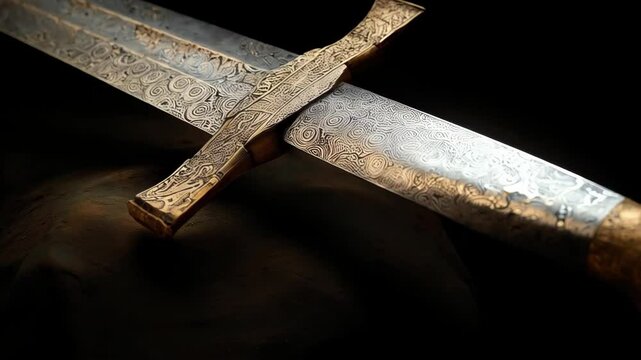 Detailed Close-up of Medieval Sword with Ornate Hilt and Blade Pattern against a Dark Background for Historical Authenticity