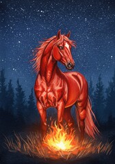 Cartoon red horse with yellow saddle against blue background  