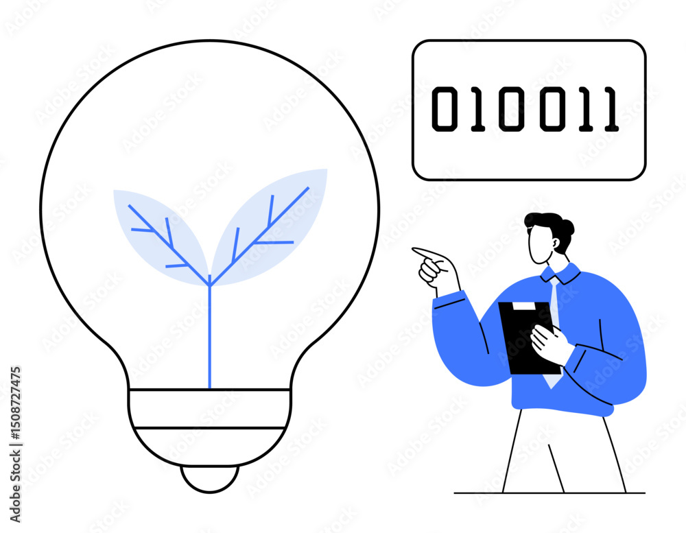 Poster light bulb featuring sprout symbolizing green energy, man with clipboard pointing at binary code. id
