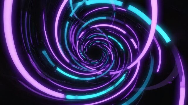 fast moving purple and blue light rings spinning into a tunnel, abstract digital spiral animation in high-tech futuristic style