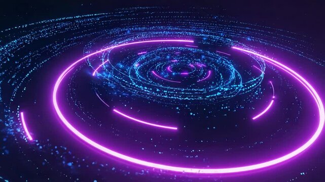 swirling pink neon vortex ring spinning in space, abstract digital tunnel animation for futuristic sci-fi visuals
