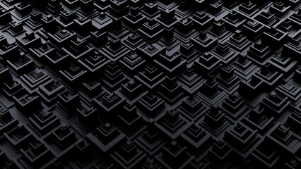 Abstract geometric pattern with layered cubic shapes, creating a textured, three-dimensional surface. The intricate, repetitive design consists of dark, shadowed blocks