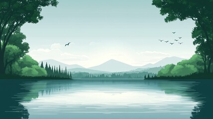 flat vector illustration of lush green forest with clean river, clear sky, birds and trees, nature conservation theme, eco-friendly concept art