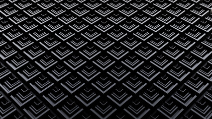 Geometric pattern of interlocking chevron shapes in dark tones, creating a textured, symmetrical surface with a sense of depth and dimension; abstract, modern visual style