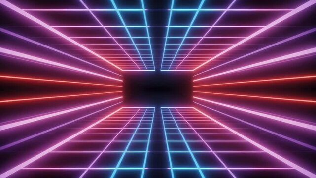 purple neon grid tunnel spinning with glowing lines into darkness, futuristic digital animation for virtual reality and tech motion