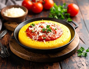 Creamy polenta topped with tomato sauce and cheese in a cast iron skillet