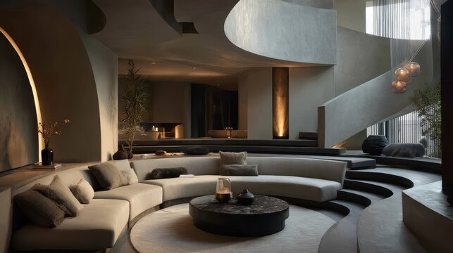 Contemporary curved sectional sofa in a modern open-plan living area. - Powered by Adobe