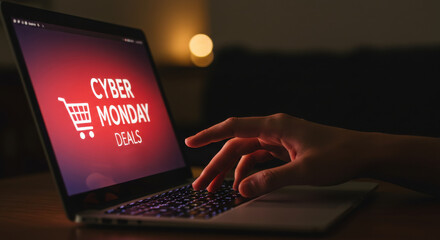 Laptop screen showing cyber monday deals website with hand typing.