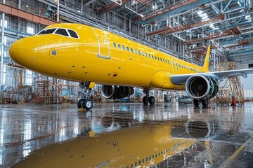 Obraz premium Large yellow airplane in a spacious hangar during maintenance process