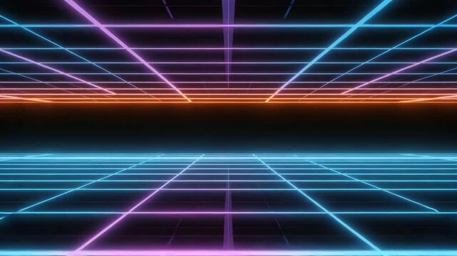 glowing pink and blue laser lines moving through digital tunnel in sci-fi style, perfect for futuristic background animation