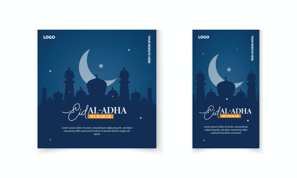 Eid al Adha Mubarak social media post and story template with Islamic pattern, masjid, moon vector