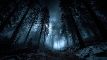 Pixelated Dark Forest At Night With Foggy Path