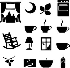 Create a kinds icon, vector, set, icons, symbol, coffee, cup, illustration, drink, sign, restaurant, glass, food, vector art silhouette with white background.