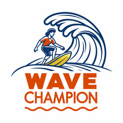 Surfer Girl Riding a Wave with Wave Champion Text Graphic