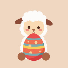 Naklejka premium Cute lamb holding Easter egg. Adorable sheep character with decorated egg. Spring lamb illustration perfect for Easter cards and seasonal designs.