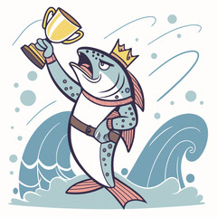 Naklejka premium Cartoon Fish King Holding Trophy Cup Above Water Waves Illustration