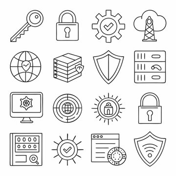 A collection of 16 cybersecurity-themed line icons including padlocks, encryption keys, shields, firewalls, and secure network symbols, all in a clean minimalistic outline style.