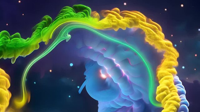 Glowing Pixel Brain in Vibrant Cosmic Nebula