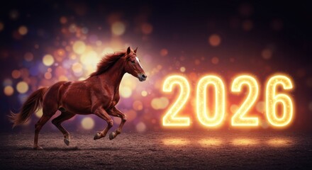 Brown horse running in the spotlight representing the Year of the Fire Horse 2026  