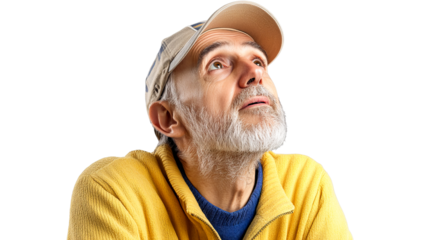 Contemplative Senior Man in Cap Looking Upward, cut out transparent