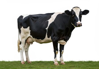 Holstein cow standing on green grass isolated against a white background