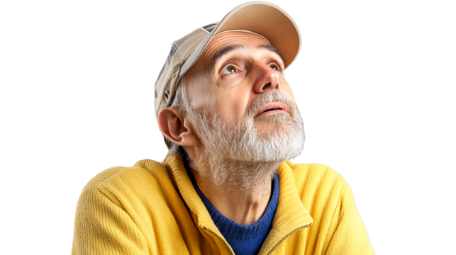 Contemplative Senior Man in Cap Looking Upward, cut out transparent - Powered by Adobe