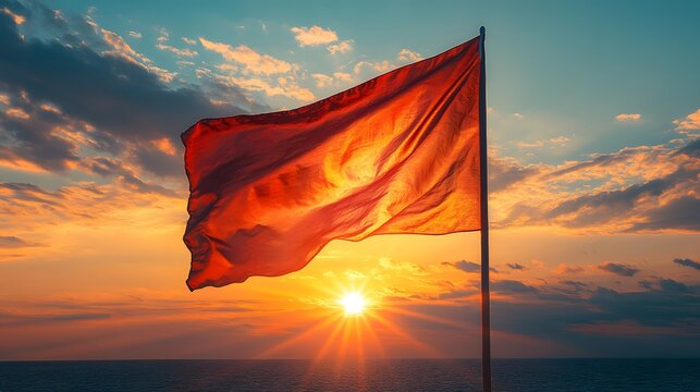waving juneteenth flag with bright sky and sun flare, strong wind effect, high resolution
