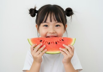 Happy little girl eating a slice of watermelon against a white background