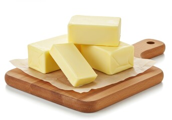 Butter blocks on parchment paper atop a wooden cutting board against white