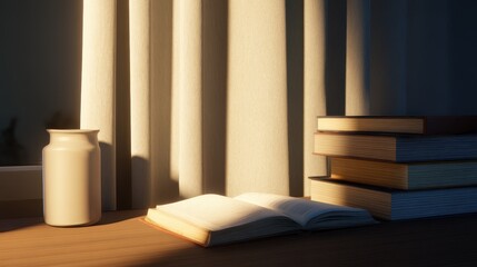 A serene indoor scene featuring an open book, stacked books, and a vase on a wooden table by a window