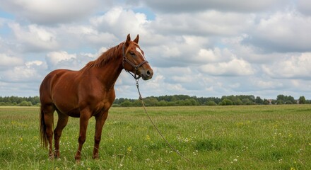 Brown horse standing in a green field under cloudy sky representing Year of the Red Fire Horse  